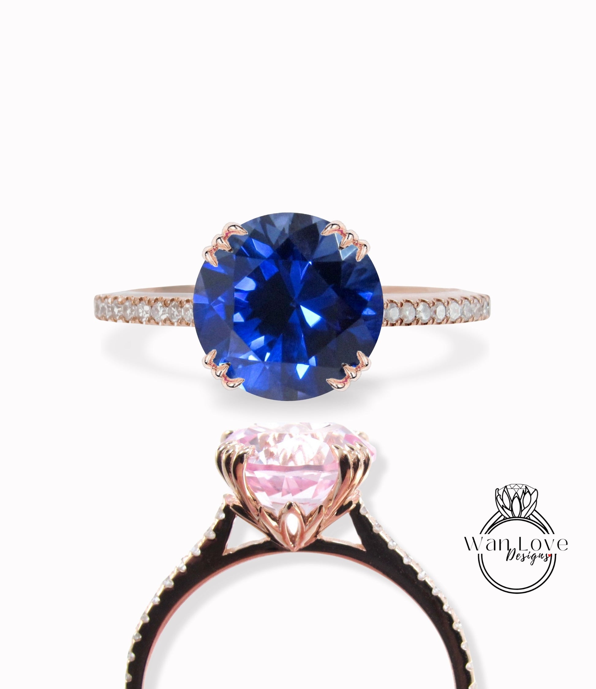 Blue Sapphire & Diamond Engagement Ring 3 triple fishtail prongs ring half eternity ring diamond round Bridal Anniversary promise Ring gift Wan Love Designs