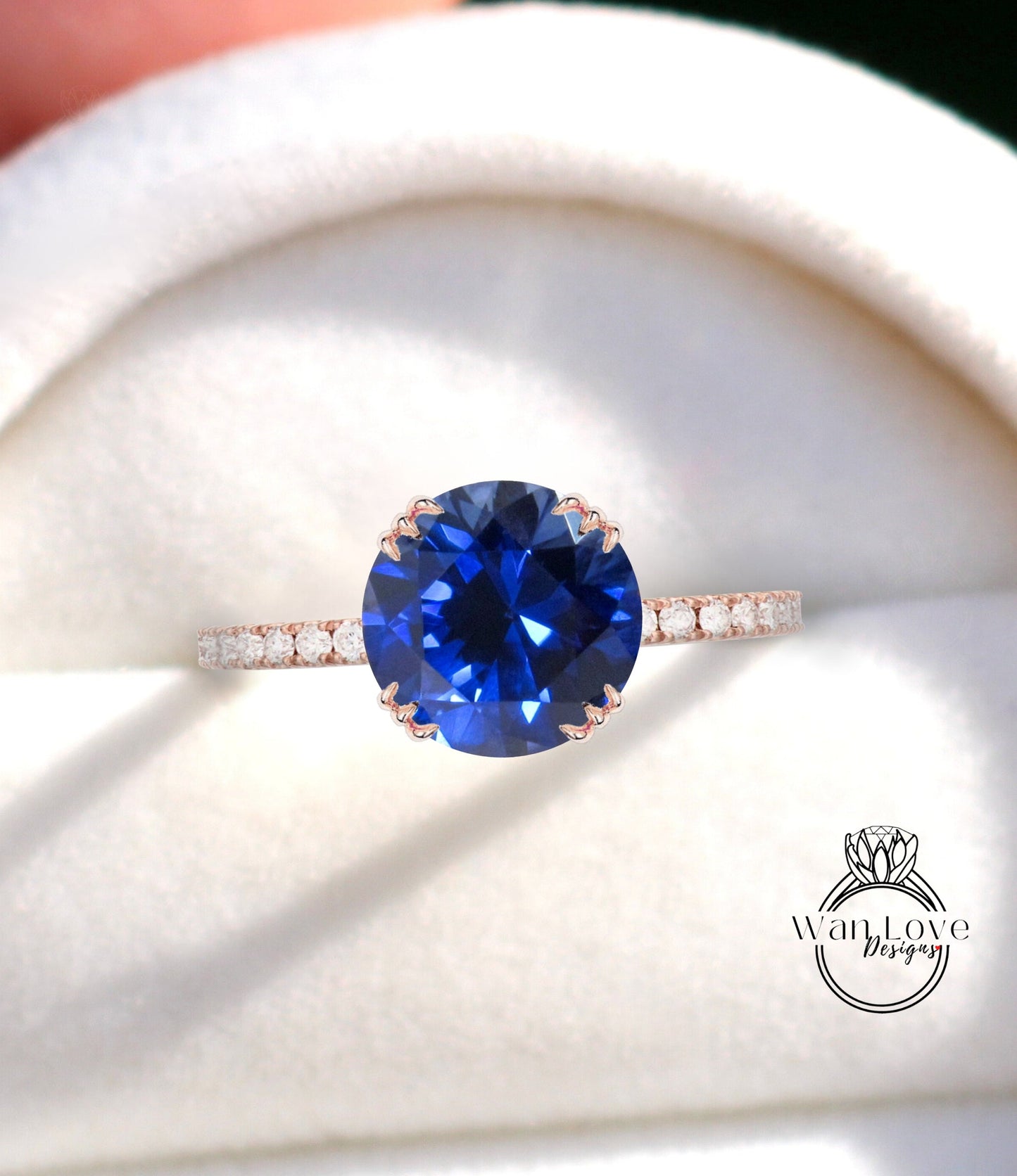 Blue Sapphire & Diamond Engagement Ring 3 triple fishtail prongs ring half eternity ring diamond round Bridal Anniversary promise Ring gift Wan Love Designs