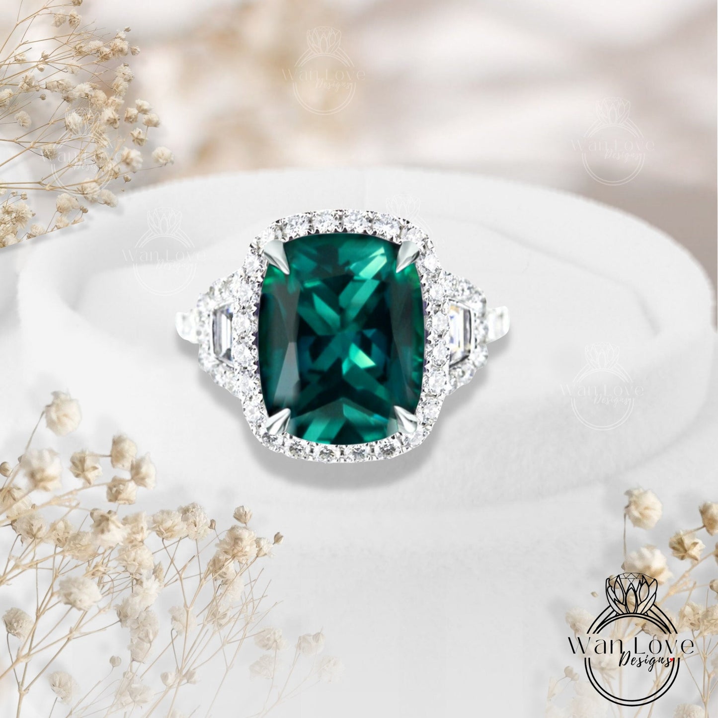Blue Sapphire Diamond Engagement Ring, 4 Ct Diamond Halo Wedding Ring, Three stone Ring Anniversary Ring Gift Bridal statement Cocktail ring Wan Love Designs