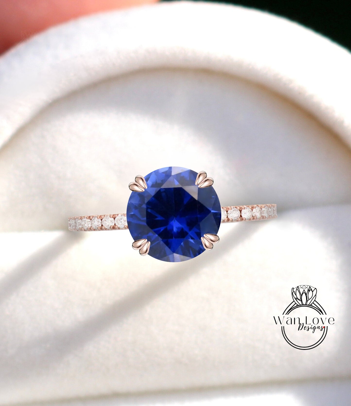 Blue Sapphire & Diamond Engagement Ring, Round, Cathedral 14k 18k White Yellow Rose Gold-Platinum-Custom made-Wedding-Anniversary Wan Love Designs