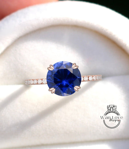 Blue Sapphire & Diamond Engagement Ring, Round, Cathedral 14k 18k White Yellow Rose Gold-Platinum-Custom made-Wedding-Anniversary Wan Love Designs