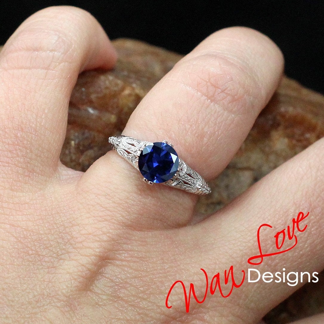 Blue Sapphire & Diamond Engraved Antique Engraving Round Engagement Ring, Custom-14k 18k White Yellow Rose Gold-Platinum-Wedding-Anniversary Wan Love Designs