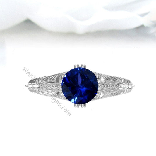 Blue Sapphire & Diamond Engraved Antique Engraving Round Engagement Ring, Custom-14k 18k White Yellow Rose Gold-Platinum-Wedding-Anniversary Wan Love Designs