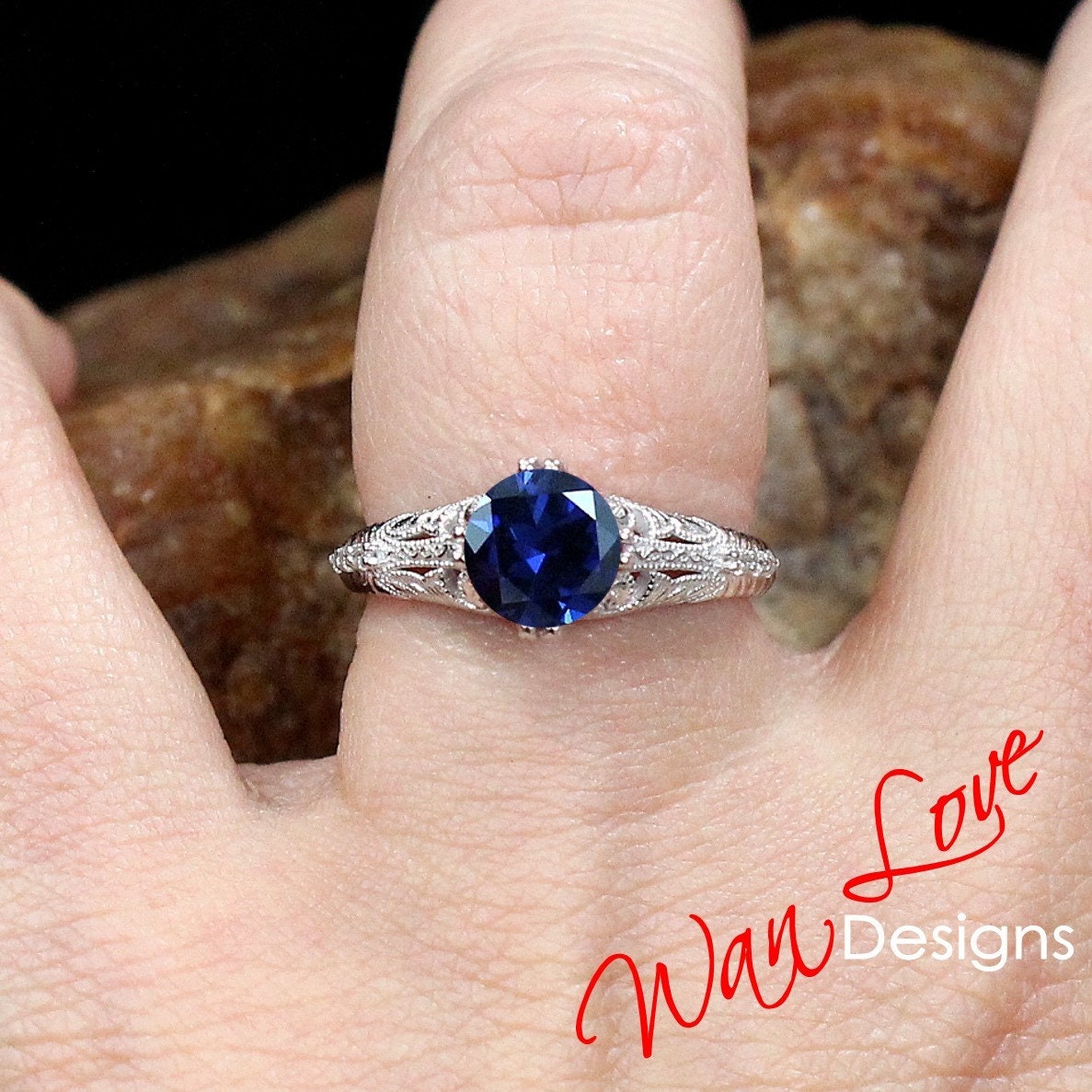 Blue Sapphire & Diamond Engraved Antique Engraving Round Engagement Ring, Custom-14k 18k White Yellow Rose Gold-Platinum-Wedding-Anniversary Wan Love Designs