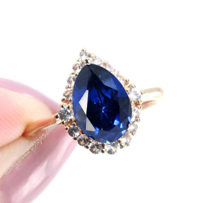 Blue Sapphire Diamond Graduated Halo Engagement Ring,Pear,Plain Shank, Custom-14k 18k White Yellow Rose Gold-Platinum-Wedding Wan Love Designs