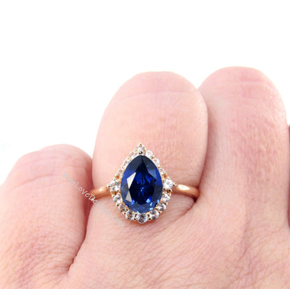 Blue Sapphire Diamond Graduated Halo Engagement Ring,Pear,Plain Shank, Custom-14k 18k White Yellow Rose Gold-Platinum-Wedding Wan Love Designs