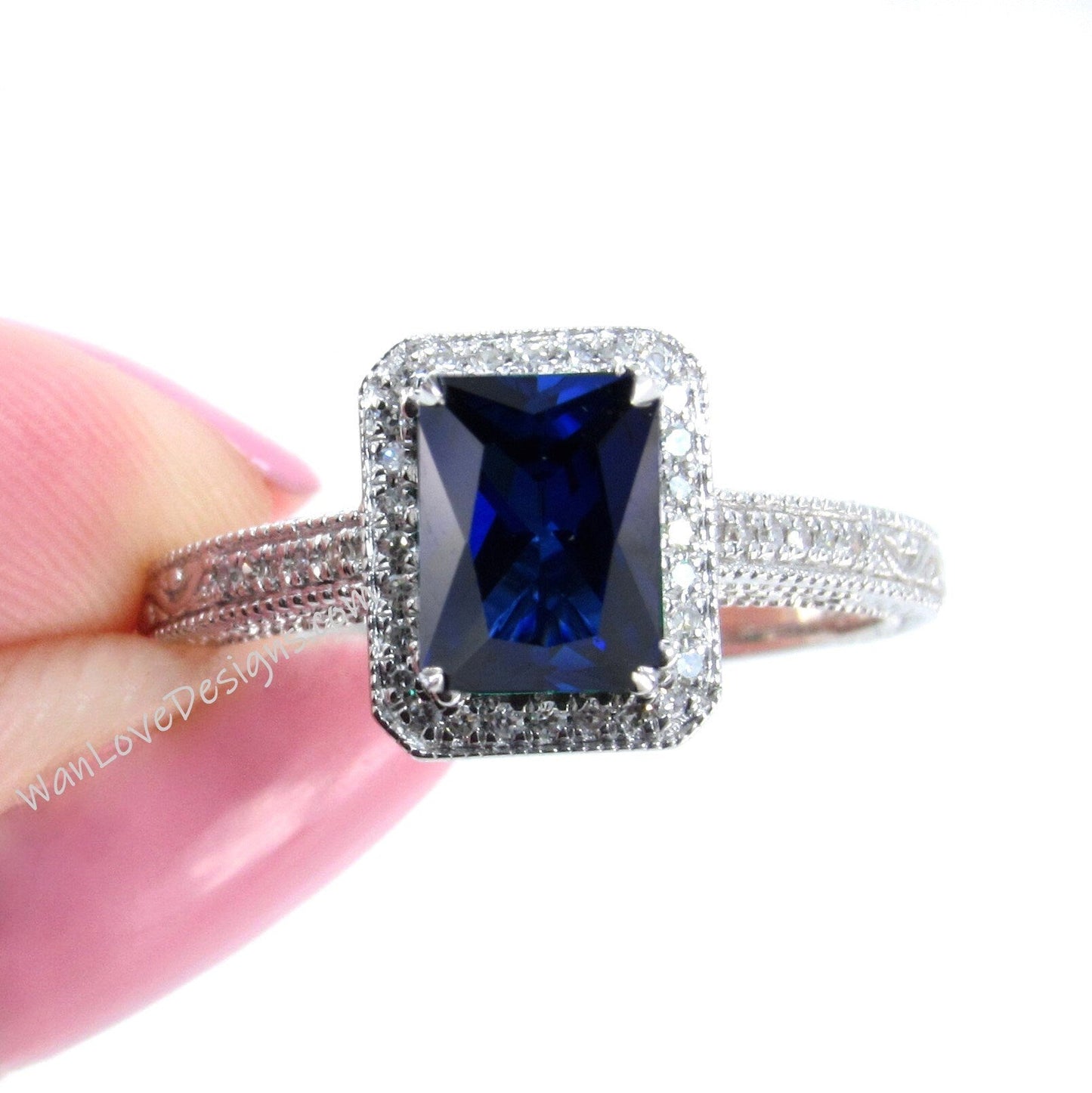 Blue Sapphire & Diamond Halo Antique Filigree Emerald Engagement Ring-2ct-8x6mm-14k 18k White Yellow Rose Gold-Platinum-Wedding-Aniversary Wan Love Designs