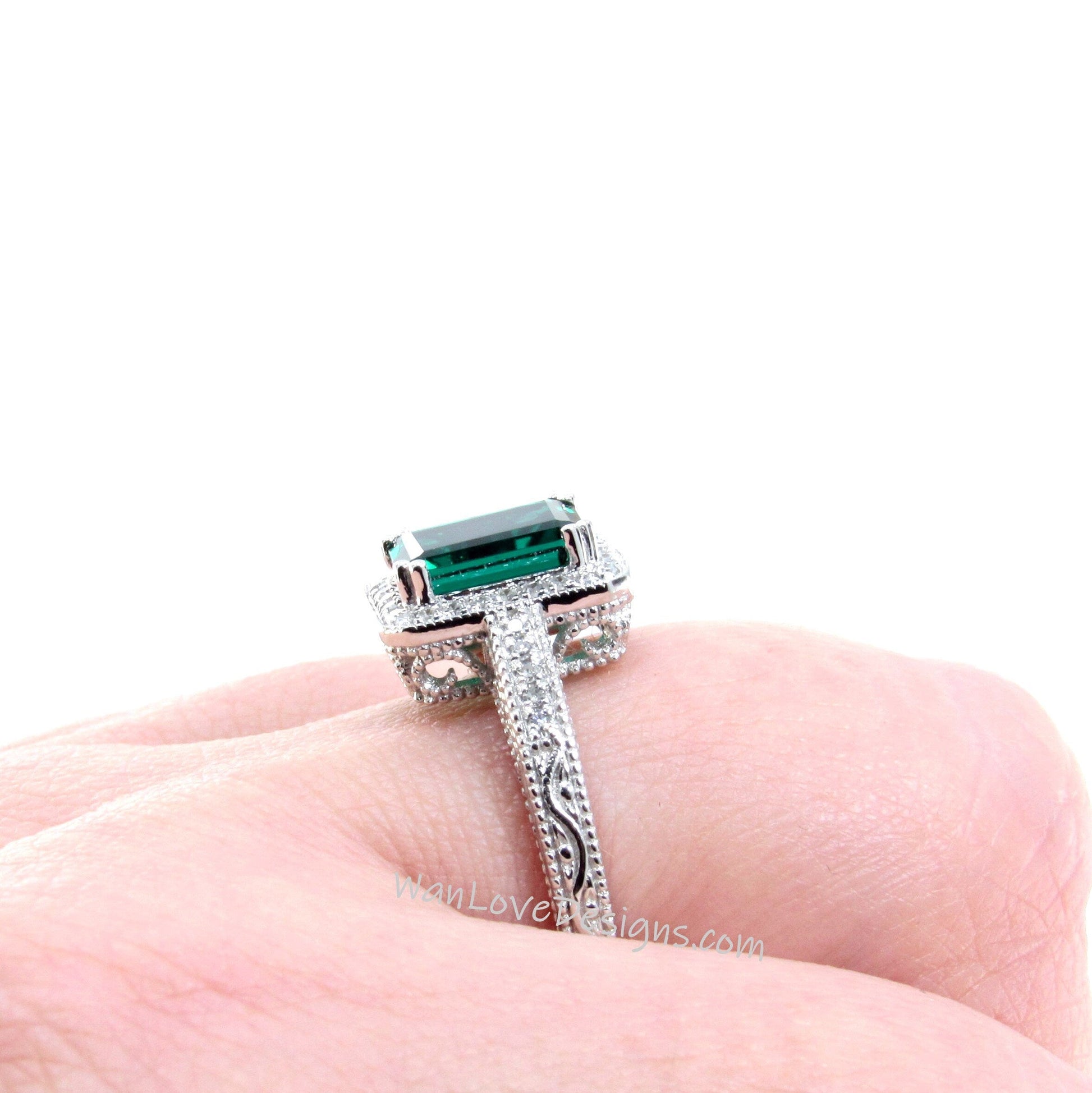Blue Sapphire & Diamond Halo Antique Filigree Emerald Engagement Ring-2ct-8x6mm-14k 18k White Yellow Rose Gold-Platinum-Wedding-Aniversary Wan Love Designs