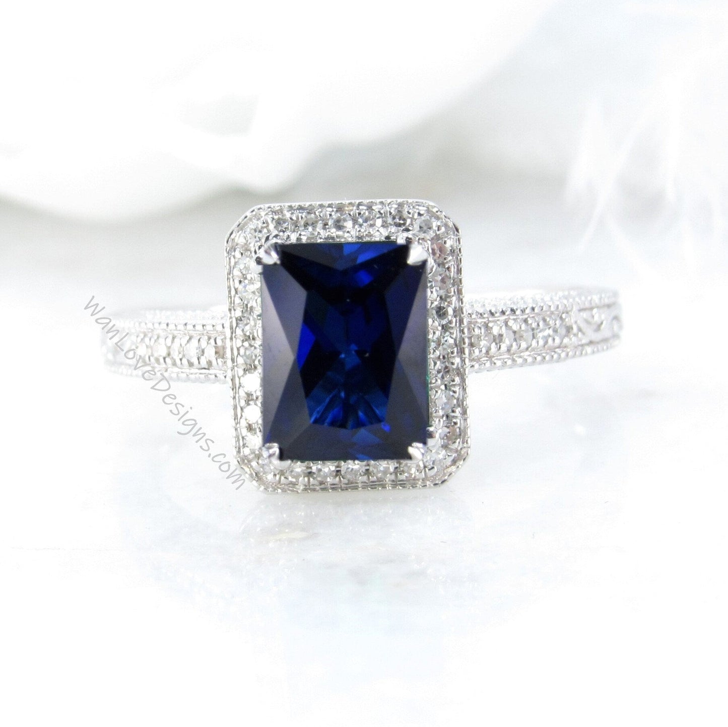 Blue Sapphire & Diamond Halo Antique Filigree Emerald Engagement Ring-2ct-8x6mm-14k 18k White Yellow Rose Gold-Platinum-Wedding-Aniversary Wan Love Designs
