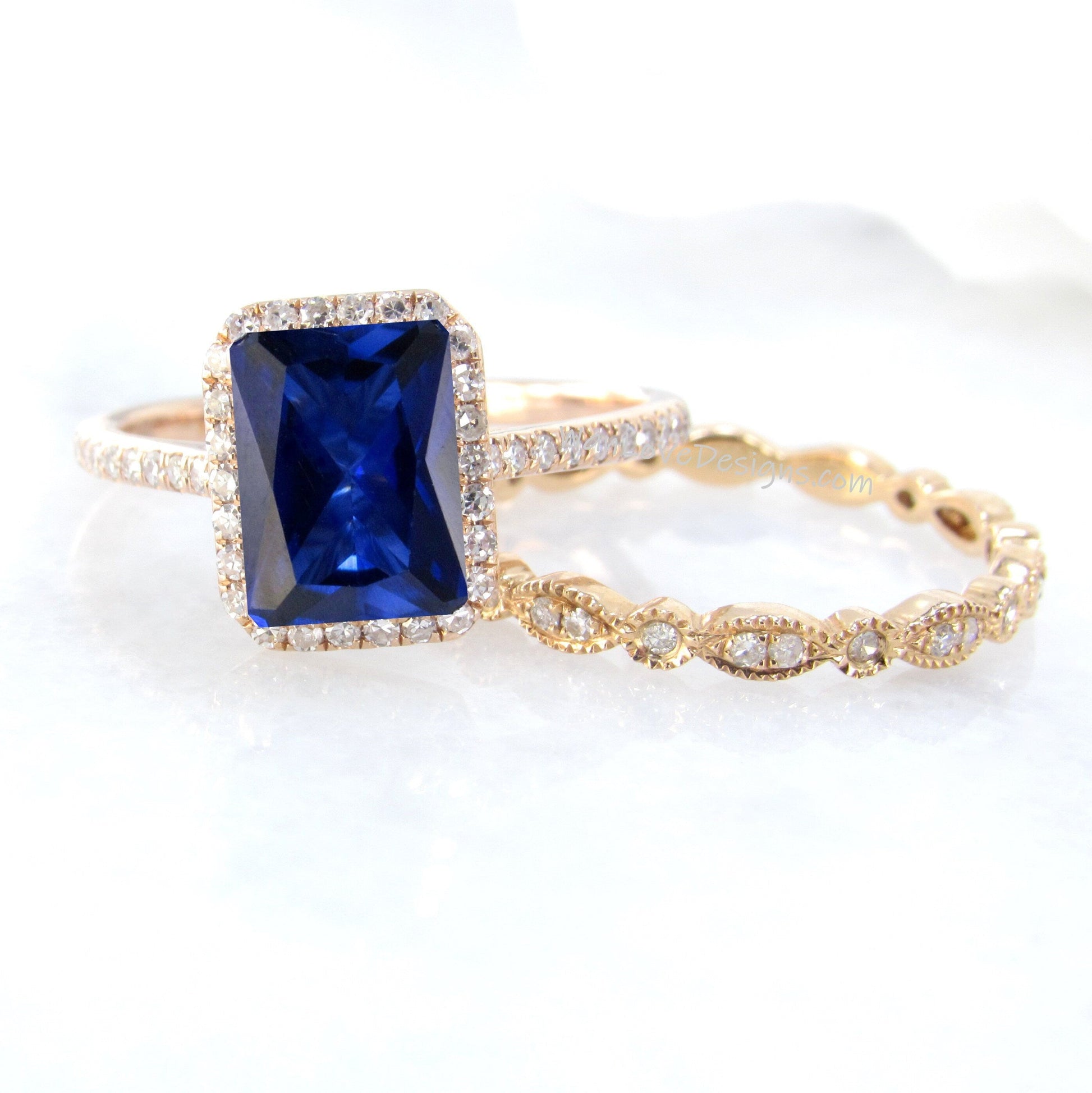 Blue Sapphire & Diamond Halo Engagement Ring, Emerald, 14k 18k White Yellow Rose Gold-Platinum-Custom-Wedding-Anniversary Gift Wan Love Designs