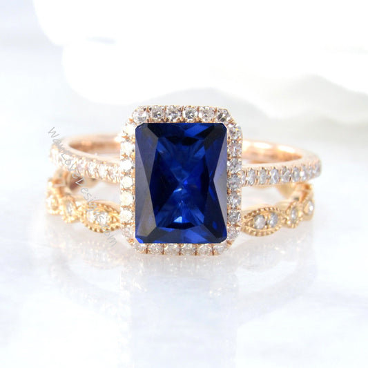 Blue Sapphire & Diamond Halo Engagement Ring, Emerald, 14k 18k White Yellow Rose Gold-Platinum-Custom-Wedding-Anniversary Gift Wan Love Designs