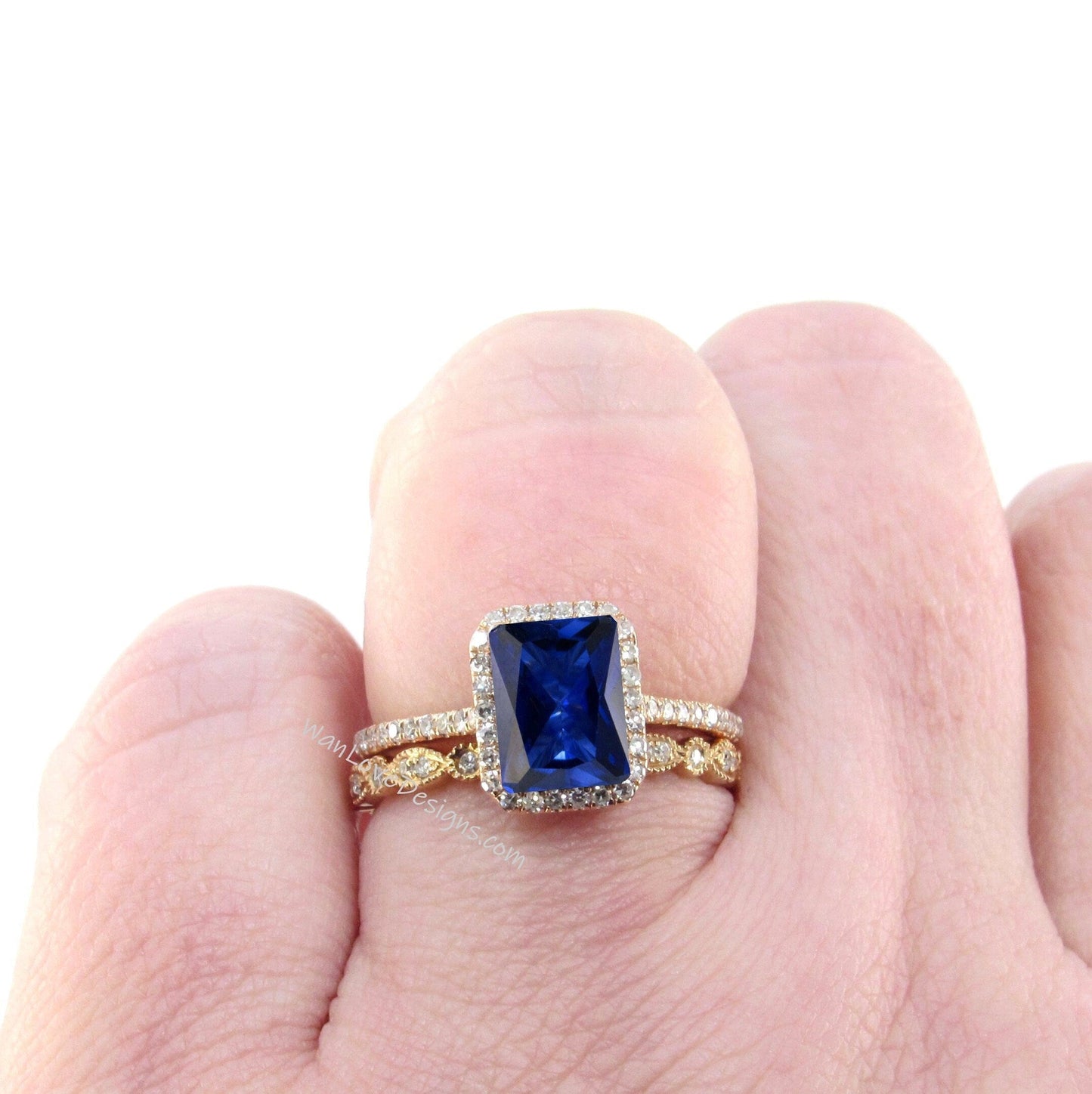 Blue Sapphire & Diamond Halo Engagement Ring, Emerald, 14k 18k White Yellow Rose Gold-Platinum-Custom-Wedding-Anniversary Gift Wan Love Designs