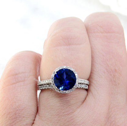 Blue Sapphire & Diamond Halo Engagement Ring, Wedding Band Set, Round, 14k 18k White Yellow Rose Gold-Platinum-Custom-Basket Wan Love Designs