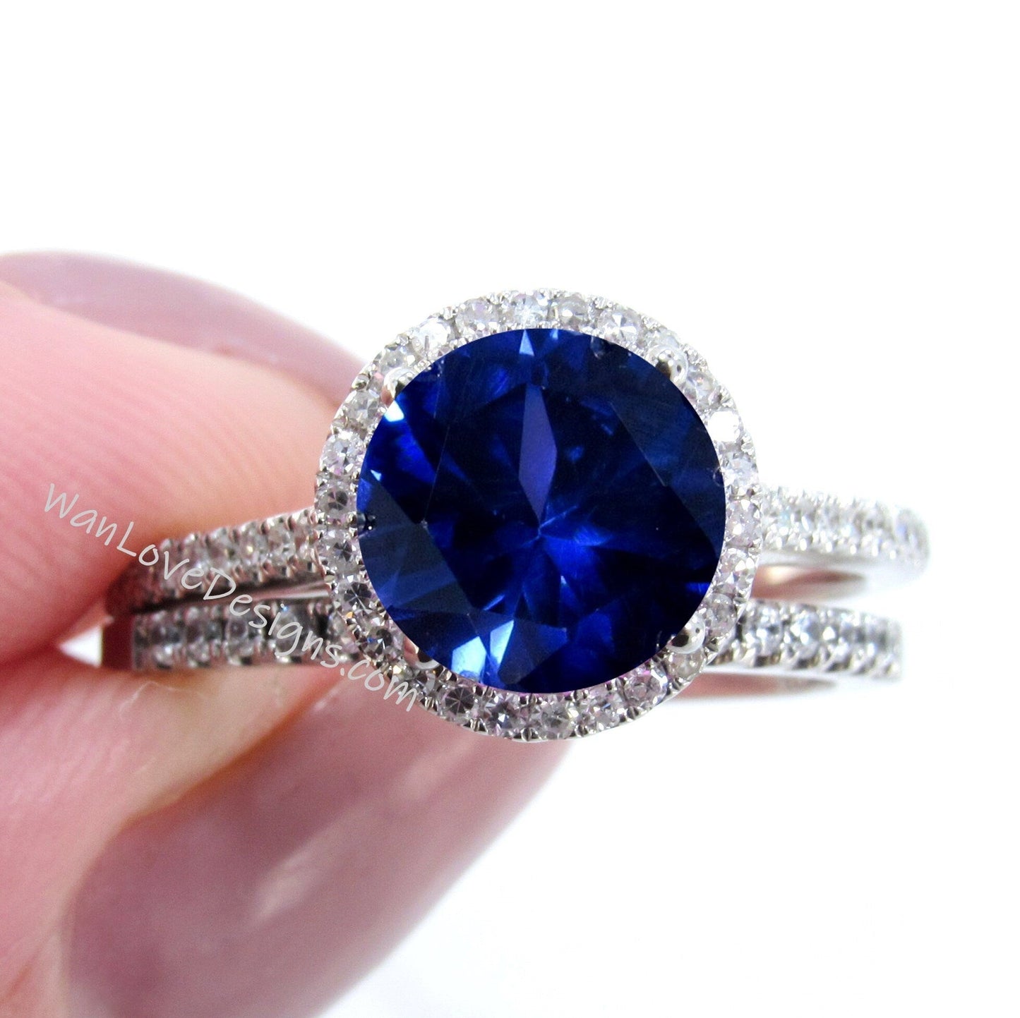 Blue Sapphire & Diamond Halo Engagement Ring, Wedding Band Set, Round, 14k 18k White Yellow Rose Gold-Platinum-Custom-Basket Wan Love Designs