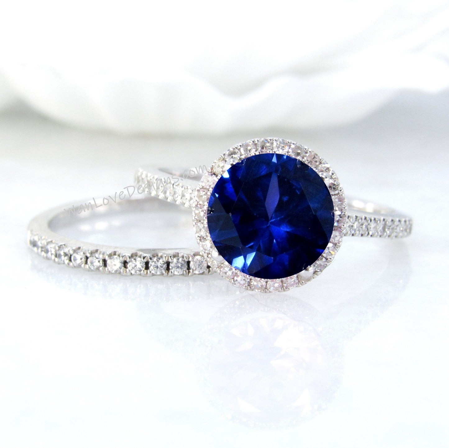 Blue Sapphire & Diamond Halo Engagement Ring, Wedding Band Set, Round, 14k 18k White Yellow Rose Gold-Platinum-Custom-Basket Wan Love Designs