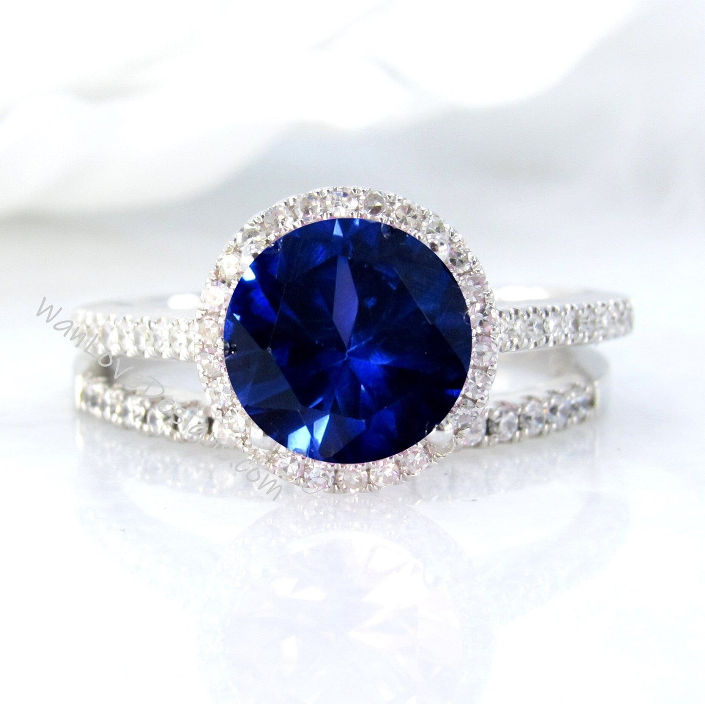 Blue Sapphire & Diamond Halo Engagement Ring, Wedding Band Set, Round, 14k 18k White Yellow Rose Gold-Platinum-Custom-Basket Wan Love Designs