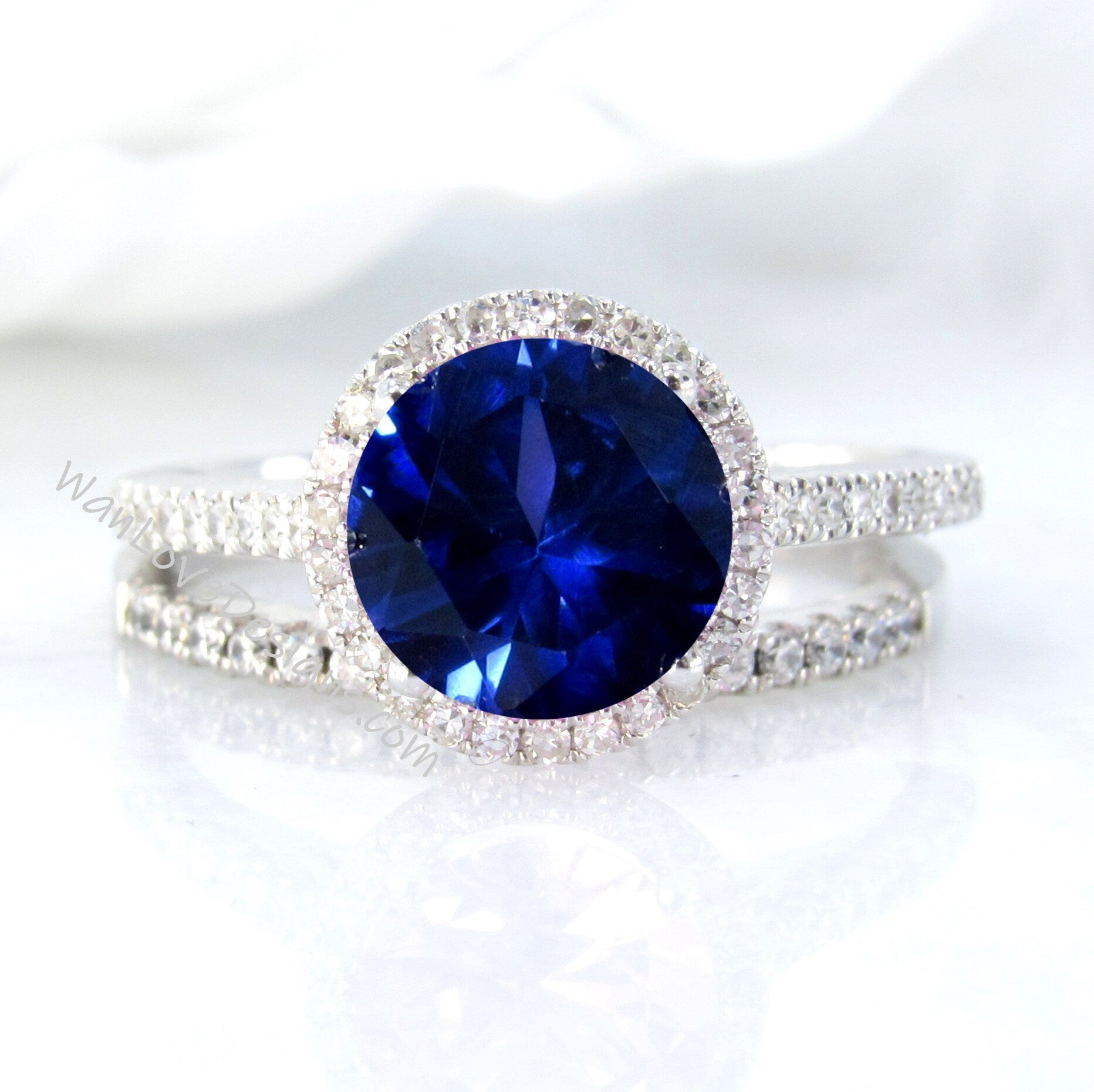 Blue Sapphire & Diamond Halo Engagement Ring, Wedding Band Set, Round, 14k 18k White Yellow Rose Gold-Platinum-Custom-Basket Wan Love Designs