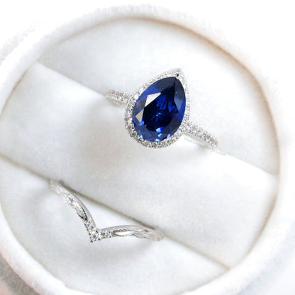 Blue Sapphire Diamond Halo and Curve Band Engagement Ring Set | 14K Gold Nesting Band | Leaves Bridal Ring | Nature Inspired Ring Wan Love Designs