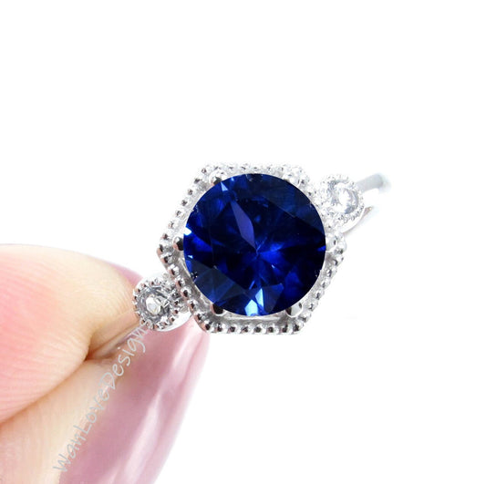 Blue Sapphire & Diamond Hexagon Milgrain 3 Stone Round Engagement Ring, 14k 18k White Yellow Rose Gold,Custom, Wedding, Anniversary Gift Wan Love Designs