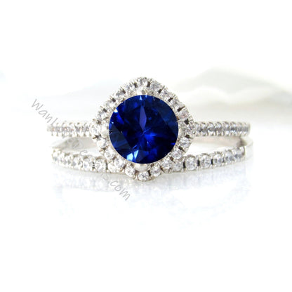 Blue Sapphire & Diamond Kite Cushion Halo Round Engagement Ring Set, Half Eternity Wedding Band, 14k 18k White Rose Yellow Gold Wan Love Designs