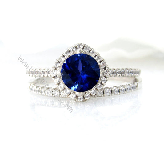 Blue Sapphire & Diamond Kite Cushion Halo Round Engagement Ring Set, Half Eternity Wedding Band, 14k 18k White Rose Yellow Gold Wan Love Designs