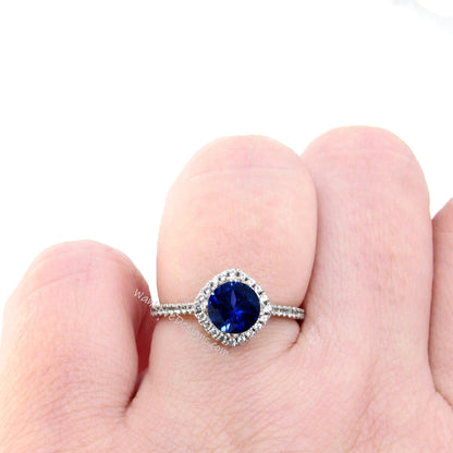 Blue Sapphire & Diamond Kite Cushion Halo Round Engagement Ring Set, Half Eternity Wedding Band, 14k 18k White Rose Yellow Gold Wan Love Designs