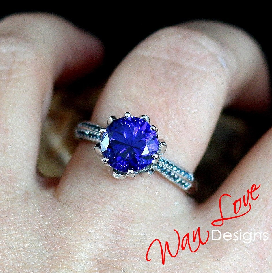 Blue Sapphire & Diamond Lotus Flower Engagement Ring 14k 18k White Yellow Rose Gold-Platinum-Custom made-Wedding-Anniversary-Round Wan Love Designs