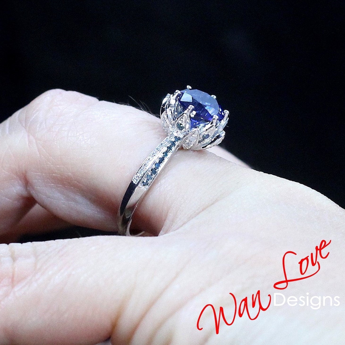 Blue Sapphire & Diamond Lotus Flower Engagement Ring 14k 18k White Yellow Rose Gold-Platinum-Custom made-Wedding-Anniversary-Round Wan Love Designs