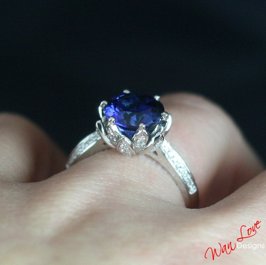 Blue Sapphire Diamond Lotus Flower Engagement Ring, Floral, Round, Custom made, Wedding, Anniversary Gift, Commitment, Proposal Wan Love Designs
