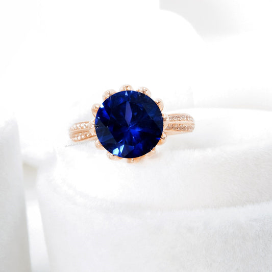 Blue Sapphire Diamond Lotus Flower Engagement Ring, Floral, Round, Custom made, Wedding, Anniversary Gift, Commitment, Proposal Wan Love Designs