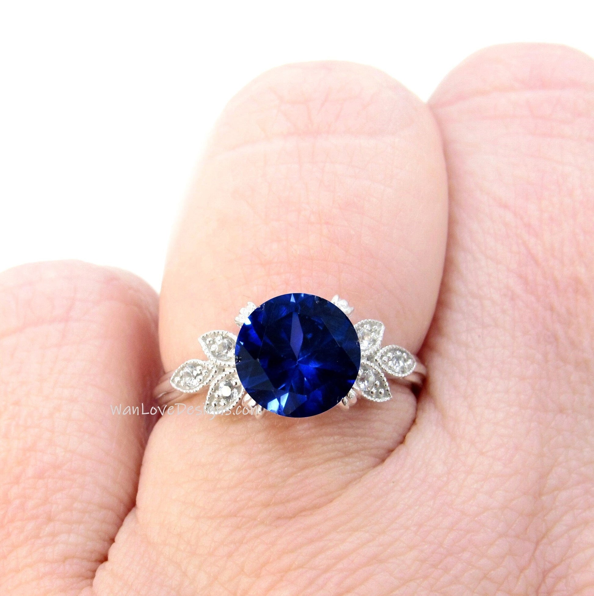 Blue Sapphire Diamond Milgrain Leaf Engagement Ring, Nature Antique Vintage style Round,Custom Wedding,14k 18k Gold,Platinum, WanLoveDesigns Wan Love Designs