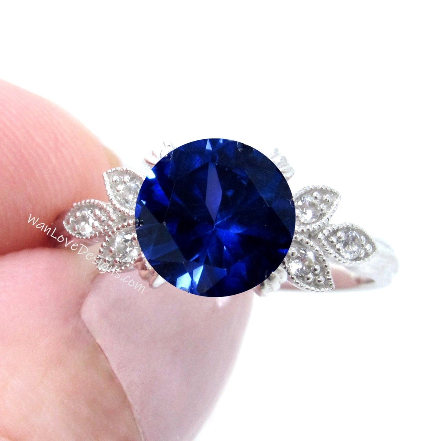 Blue Sapphire Diamond Milgrain Leaf Engagement Ring, Nature Antique Vintage style Round,Custom Wedding,14k 18k Gold,Platinum, WanLoveDesigns Wan Love Designs