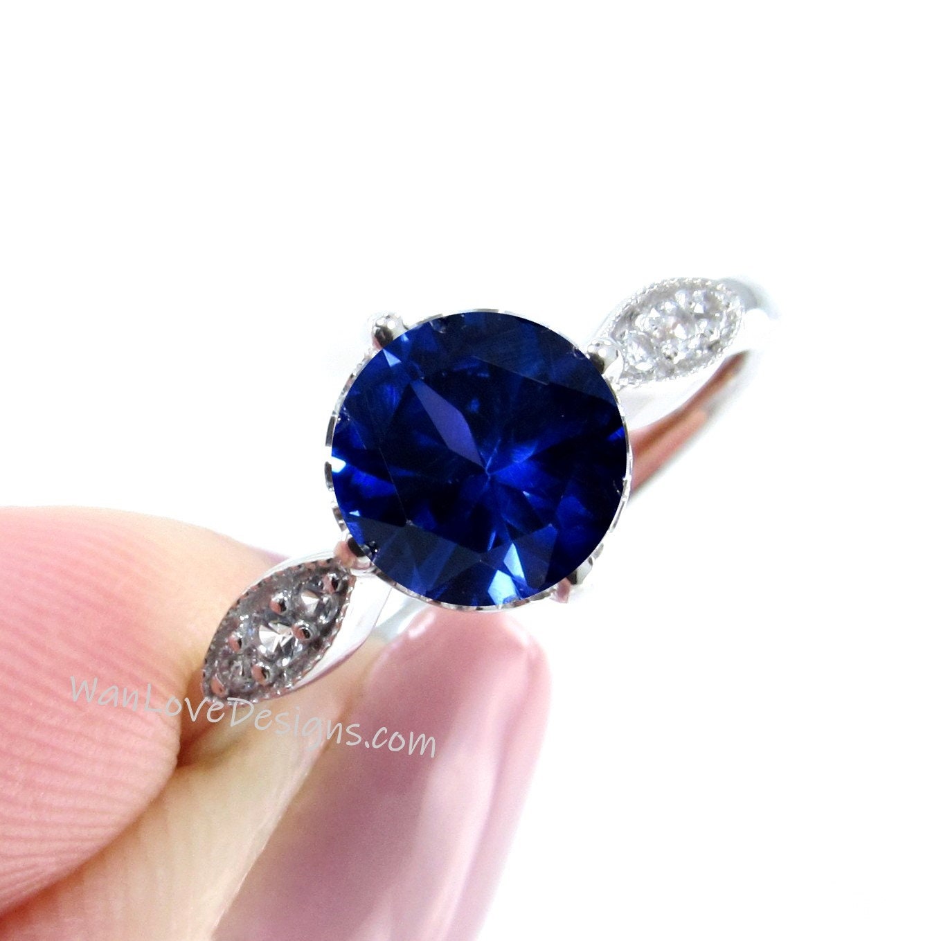 Blue Sapphire Diamond Milgrain Leaf Round Engagement Ring, 14kt 18kt Gold-Platinum-Custom-Wedding-Anniversary, WanLoveDesigns Wan Love Designs