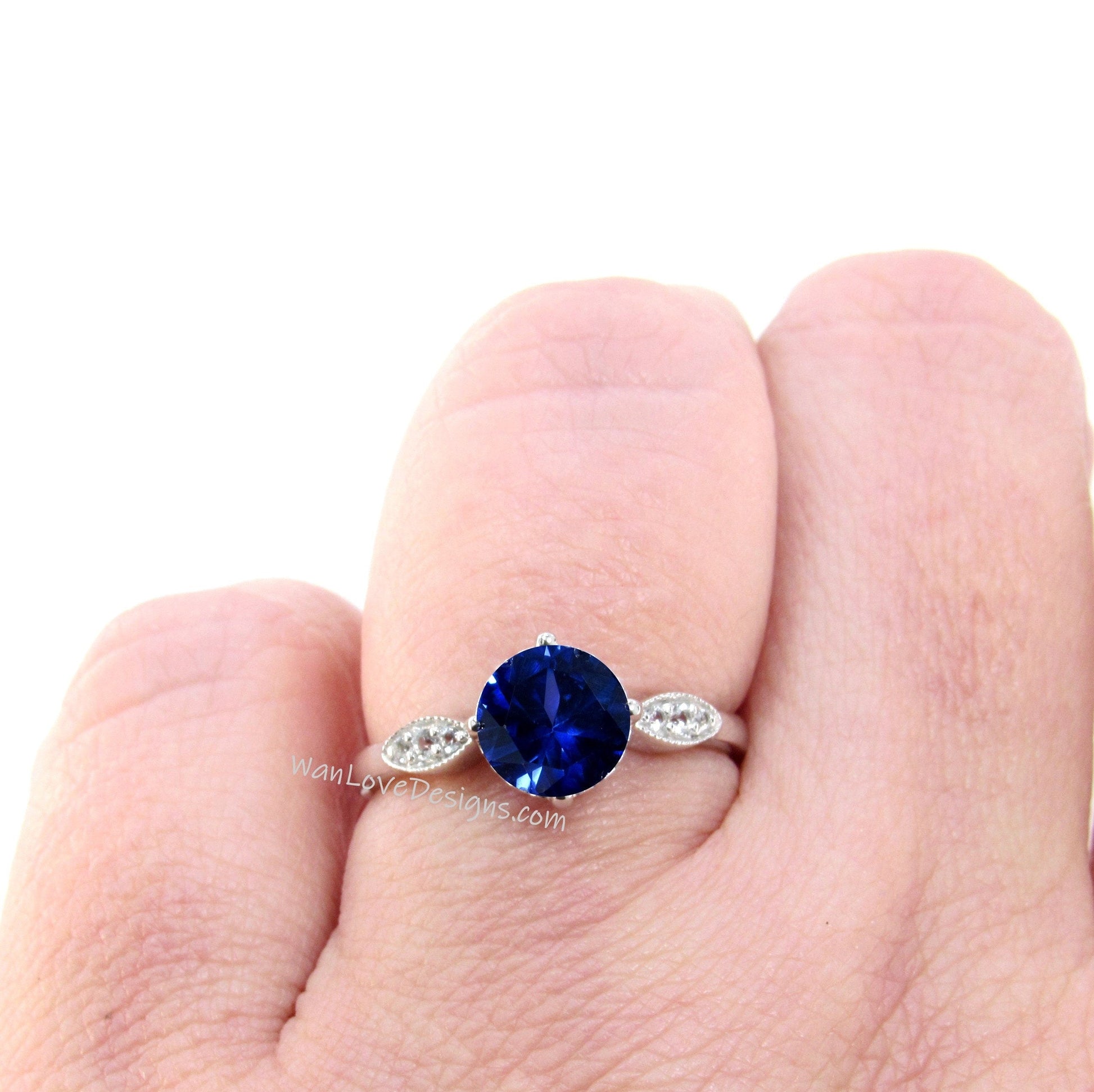 Blue Sapphire Diamond Milgrain Leaf Round Engagement Ring, 14kt 18kt Gold-Platinum-Custom-Wedding-Anniversary, WanLoveDesigns Wan Love Designs