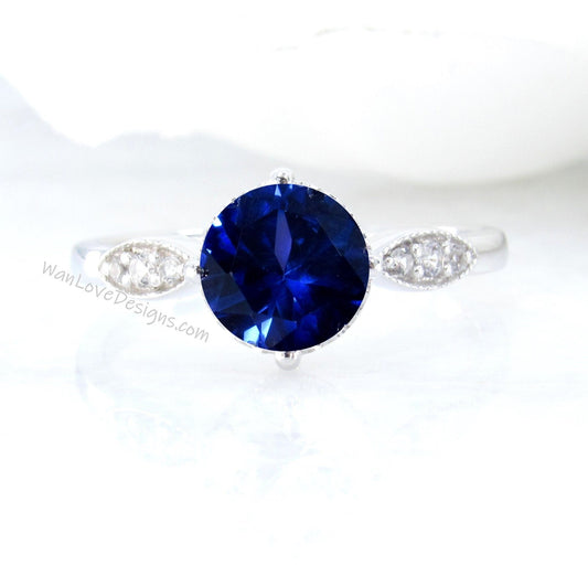 Blue Sapphire Diamond Milgrain Leaf Round Engagement Ring, 14kt 18kt Gold-Platinum-Custom-Wedding-Anniversary, WanLoveDesigns Wan Love Designs