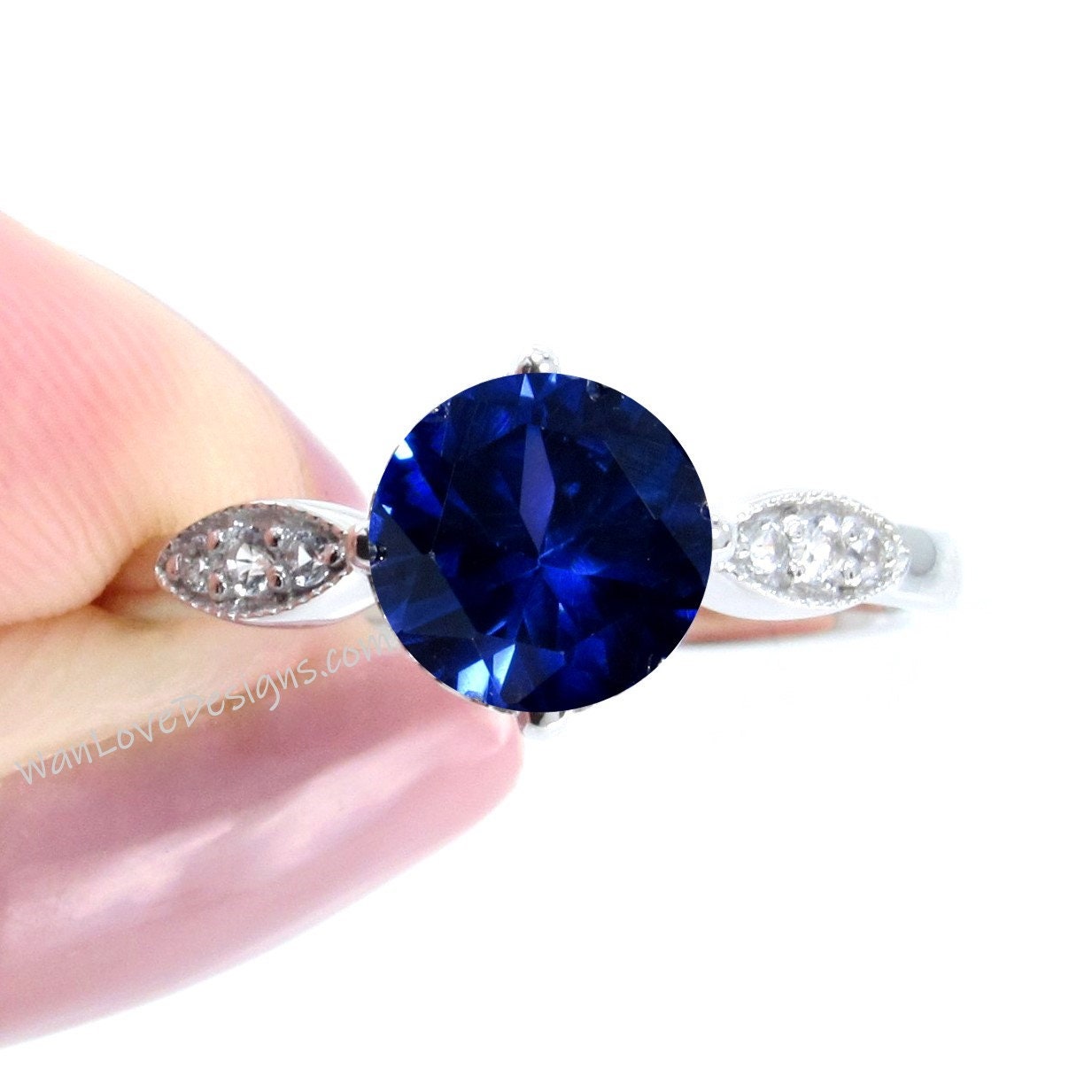 Blue Sapphire Diamond Milgrain Leaf Round Engagement Ring, 14kt 18kt Gold-Platinum-Custom-Wedding-Anniversary, WanLoveDesigns Wan Love Designs