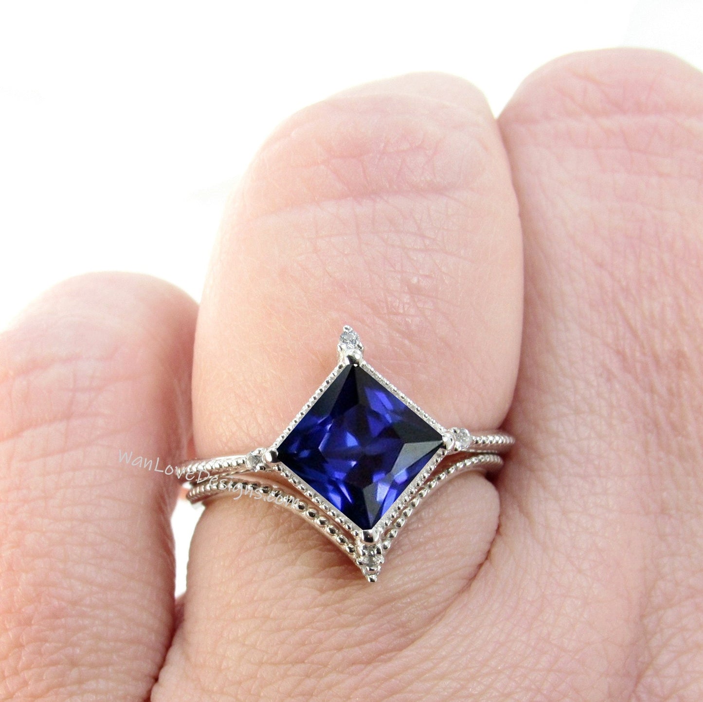 Blue Sapphire & Diamond Milgrain Princess Kite NSEW Engagement Ring Set, V Chevron Wedding Band, Custom, 14kt 18kt Gold, Platinum Wan Love Designs