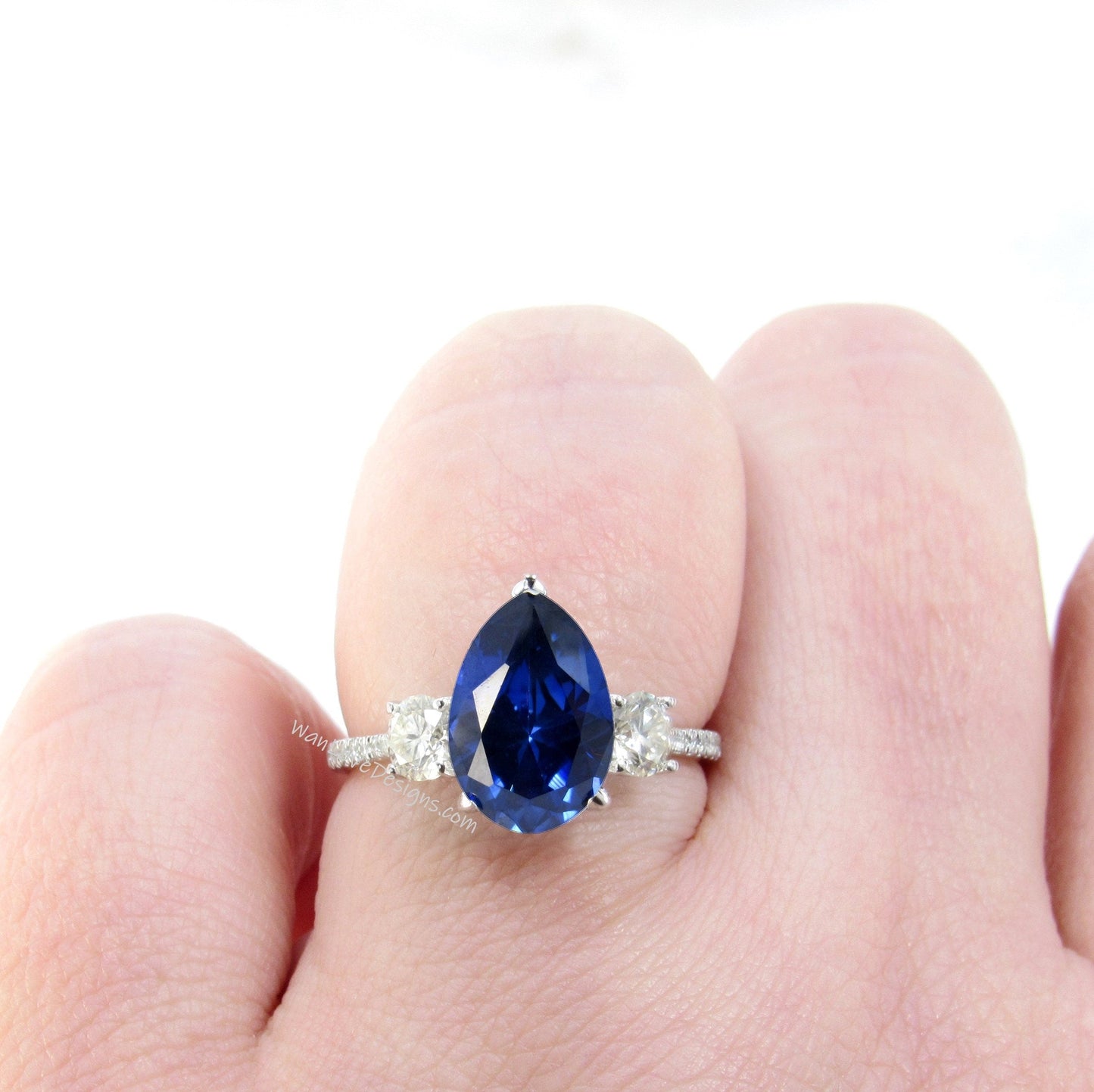 Blue Sapphire Diamond Moissanite Pear Round 3 Stone Minimalist Dainty Engagement Ring Wedding Anniversary Gift Wan Love Designs