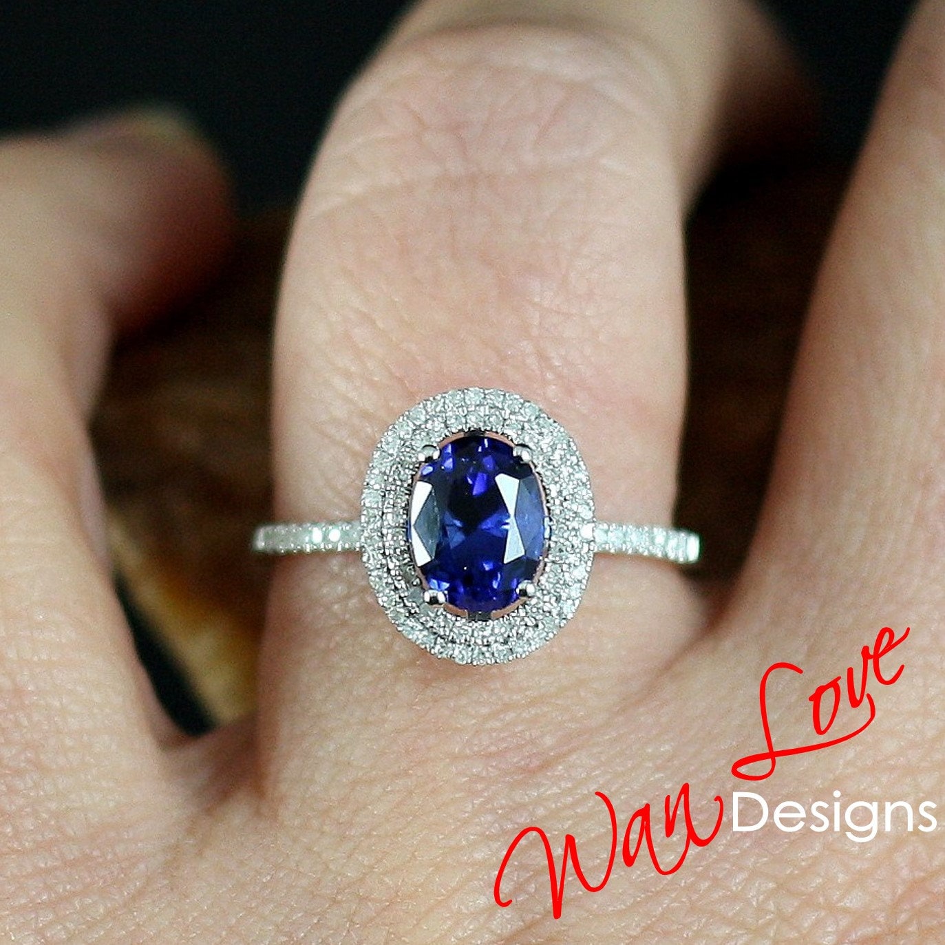 Blue Sapphire  Diamond Oval Double Halo Engagement Ring - 3ct Bridal Wedding  Promise Ring - Anniversary Gift - Ready to Ship Wan Love Designs