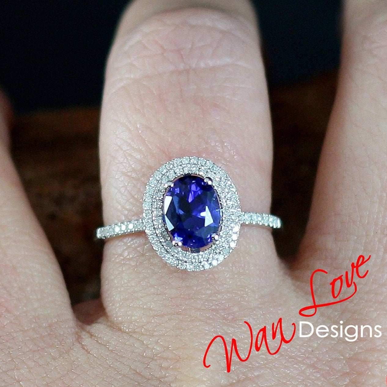 Blue Sapphire  Diamond Oval Double Halo Engagement Ring - 3ct Bridal Wedding  Promise Ring - Anniversary Gift - Ready to Ship Wan Love Designs