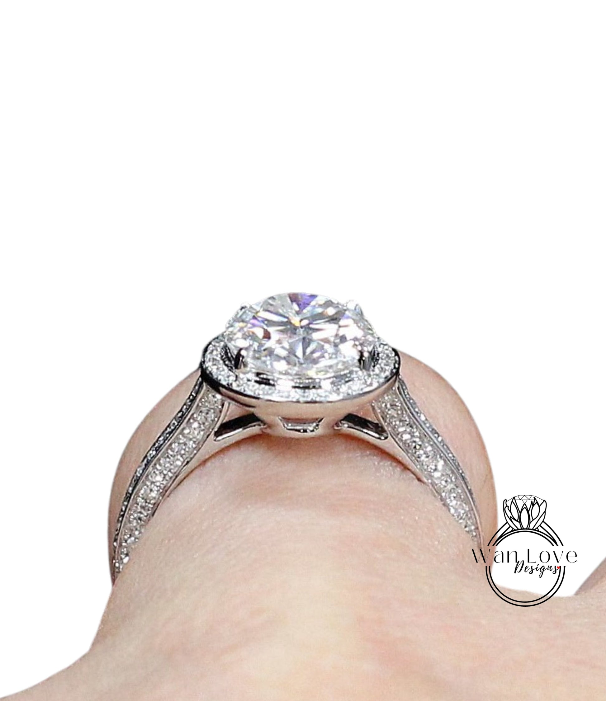 Blue Sapphire & Diamond Oval Halo 3 sided Engagement Ring, 14k 18k White Yellow Rose Gold, Platinum, Wedding, Anniversary Gift Wan Love Designs