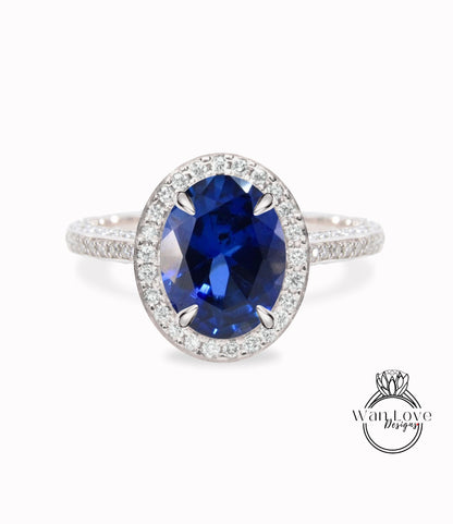 Blue Sapphire & Diamond Oval Halo 3 sided Engagement Ring, 14k 18k White Yellow Rose Gold, Platinum, Wedding, Anniversary Gift Wan Love Designs