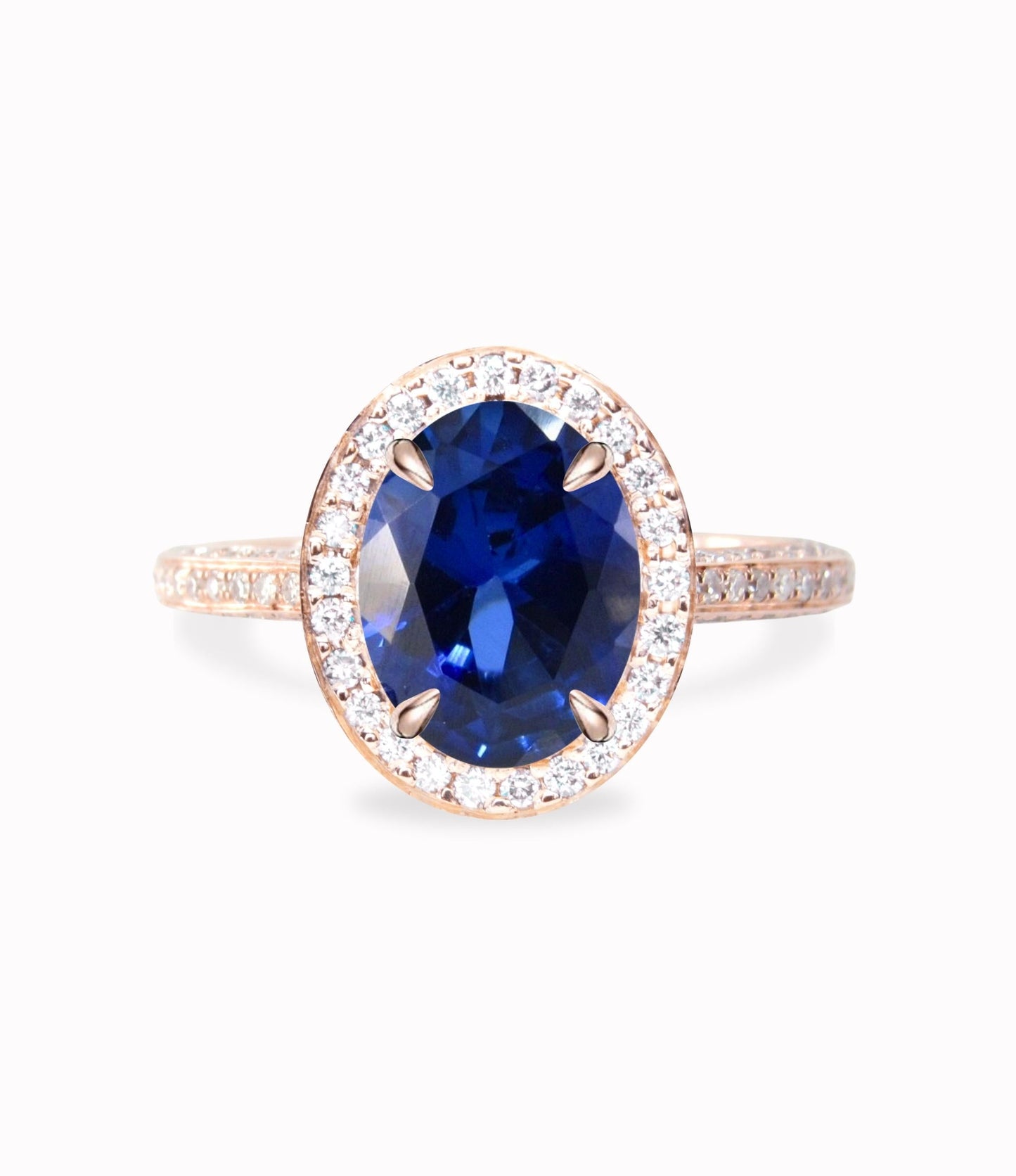 Blue Sapphire & Diamond Oval Halo 3 sided Engagement Ring, 14k 18k White Yellow Rose Gold, Platinum, Wedding, Anniversary Gift Wan Love Designs