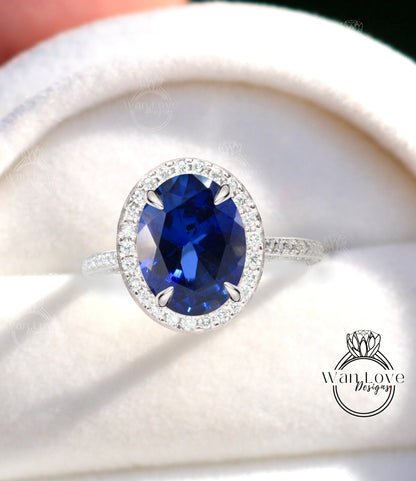 Blue Sapphire & Diamond Oval Halo 3 sided Engagement Ring, 14k 18k White Yellow Rose Gold, Platinum, Wedding, Anniversary Gift Wan Love Designs