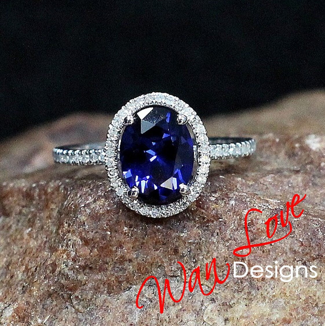 Blue Sapphire & Diamond Oval Halo Engagement Ring art deco 3ct oval sapphire diamond halo Wedding Anniversary promise ring gift for her Wan Love Designs