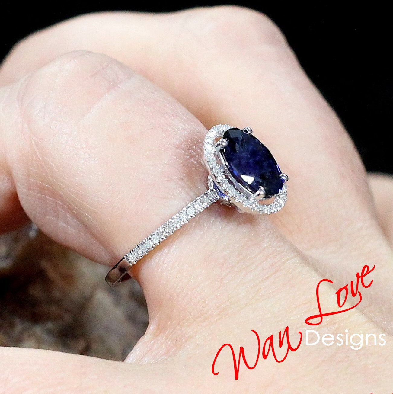 Blue Sapphire & Diamond Oval Halo Engagement Ring art deco 3ct oval sapphire diamond halo Wedding Anniversary promise ring gift for her Wan Love Designs