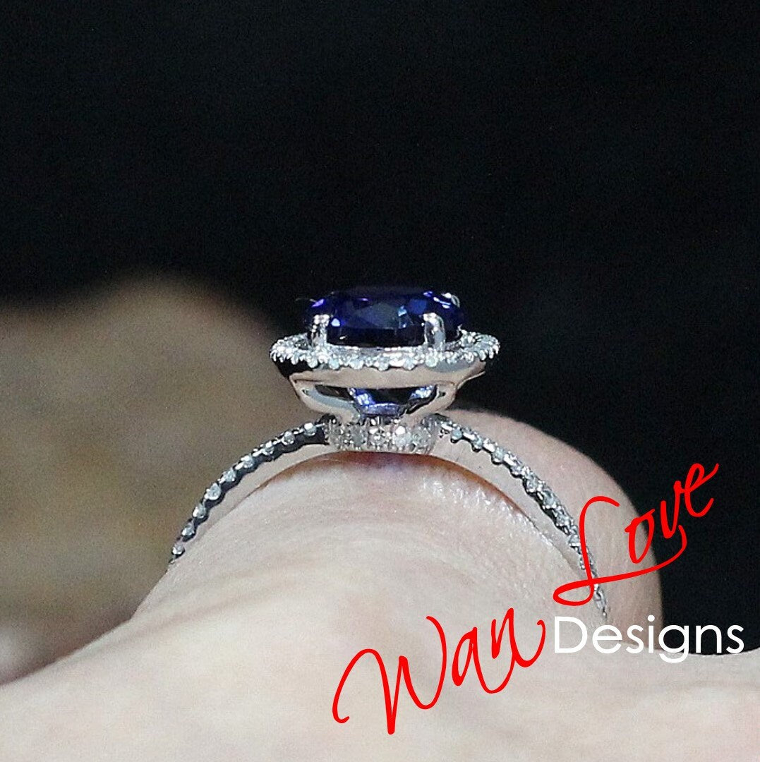 Blue Sapphire & Diamond Oval Halo Engagement Ring art deco 3ct oval sapphire diamond halo Wedding Anniversary promise ring gift for her Wan Love Designs