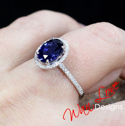 Blue Sapphire & Diamond Oval Halo Engagement Ring art deco 3ct oval sapphire diamond halo Wedding Anniversary promise ring gift for her Wan Love Designs