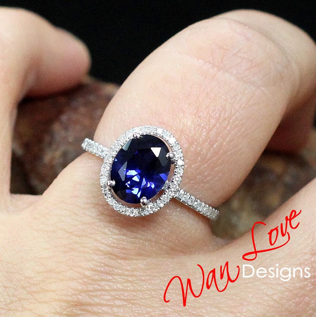 Blue Sapphire & Diamond Oval Halo Engagement Ring art deco 3ct oval sapphire diamond halo Wedding Anniversary promise ring gift for her Wan Love Designs