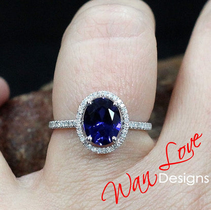 Blue Sapphire & Diamond Oval Halo Engagement Ring art deco 3ct oval sapphire diamond halo Wedding Anniversary promise ring gift for her Wan Love Designs